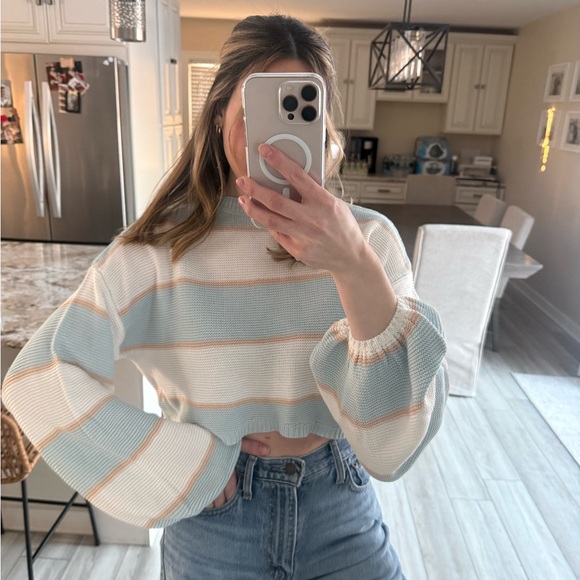 KITTENISH Blue Cream Striped Cropped Knit Sweater Women’s Small - Picture 3 of 7